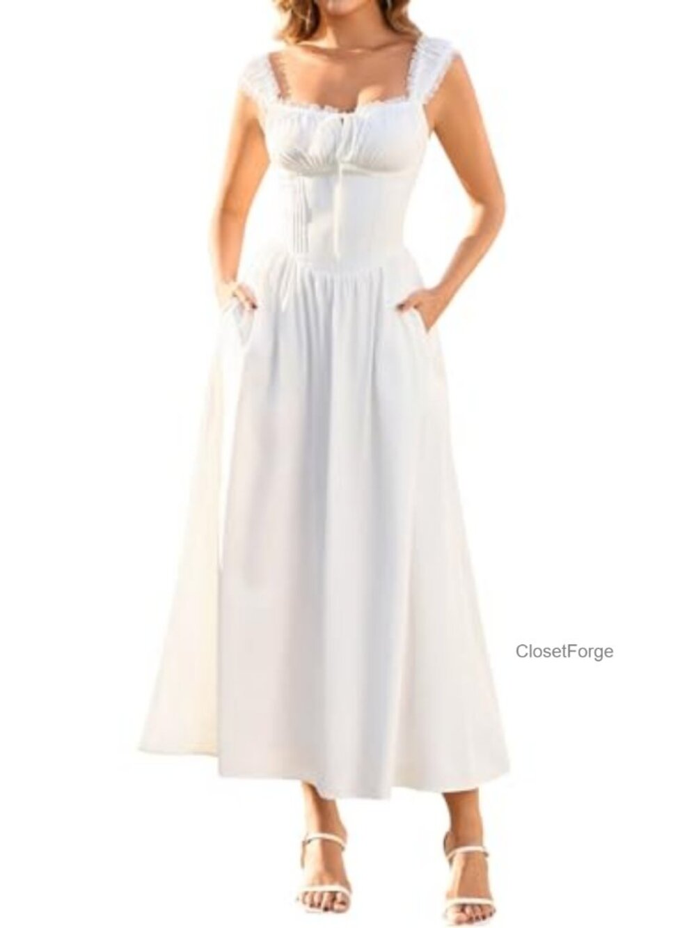 Women Lace Corset Midi Flowy Summer Dress with Pockets
